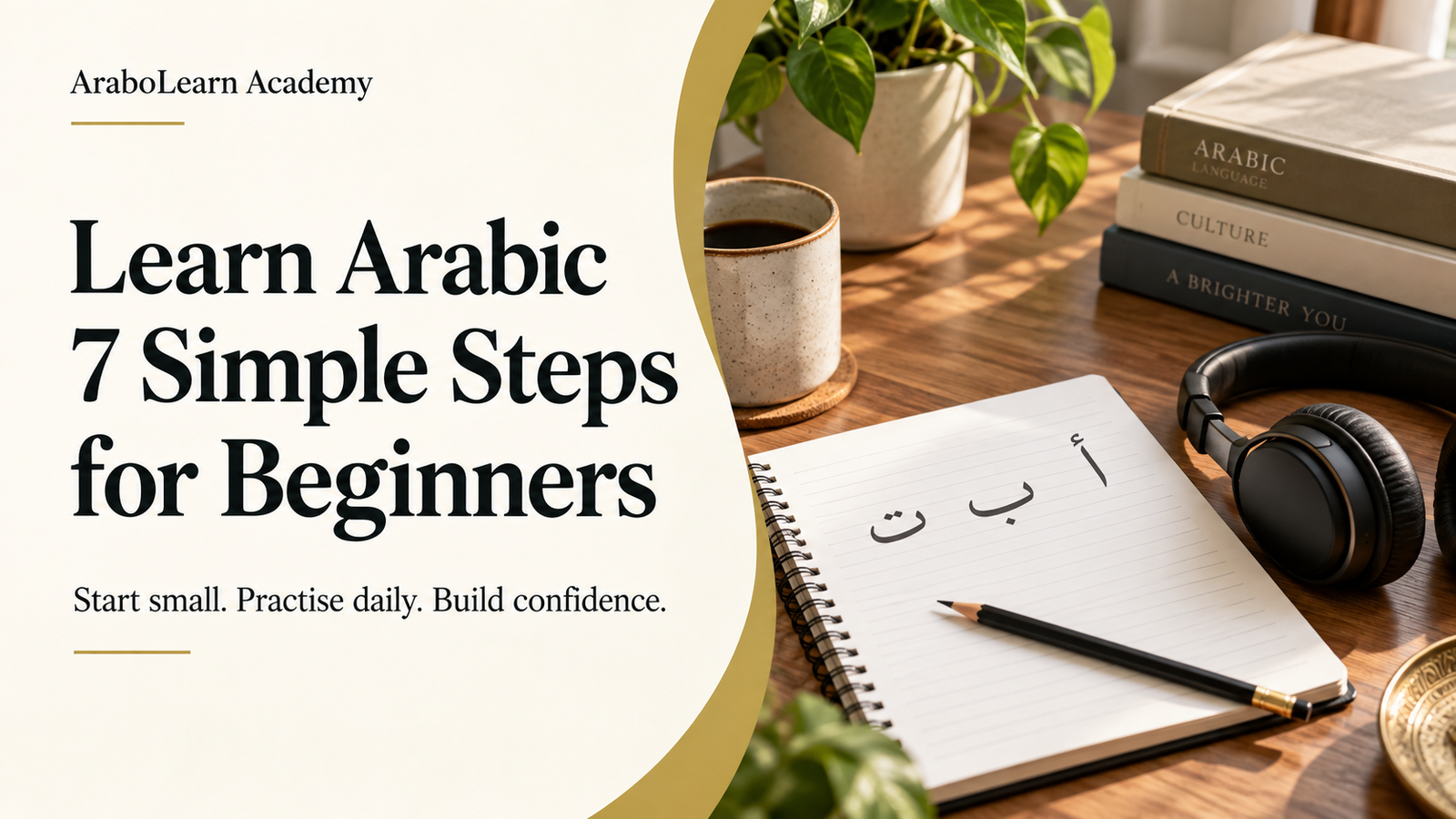Learn Arabic for beginners: seven simple steps, illustrated with an Arabic practice notebook, headphones, and books.
