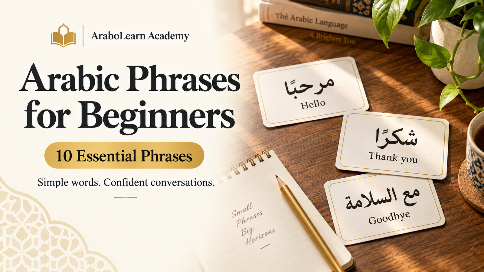 Arabic phrases for beginners on flashcards showing hello, thank you, and goodbye beside a practice notebook.